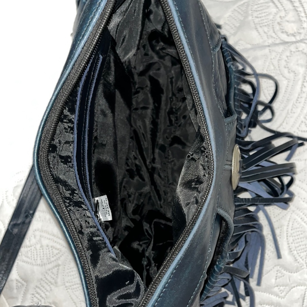 Genuine Leather Fringe Crossbody Bag, Shoulder Bag, Blue - Picture 4 of 7